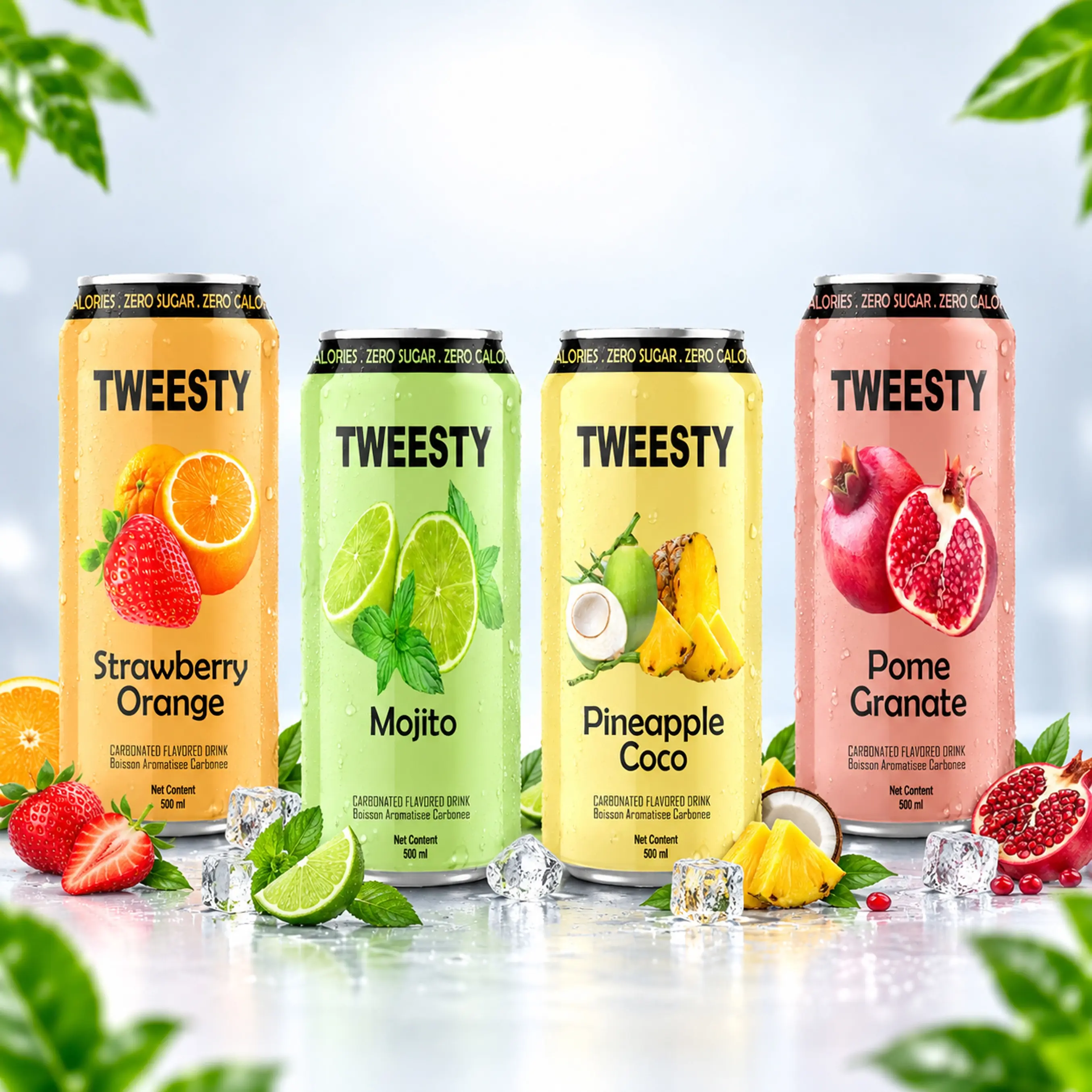 Tweesty 500 ml cans in Strawberry Orange, Mojito, Pineapple Coco and Pomegranate flavours with fresh fruit and ice.